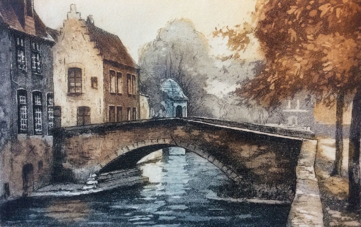 Signed colour print showing a presumed view of Bruges with a stone bridge over a canal and stepped-gable houses.