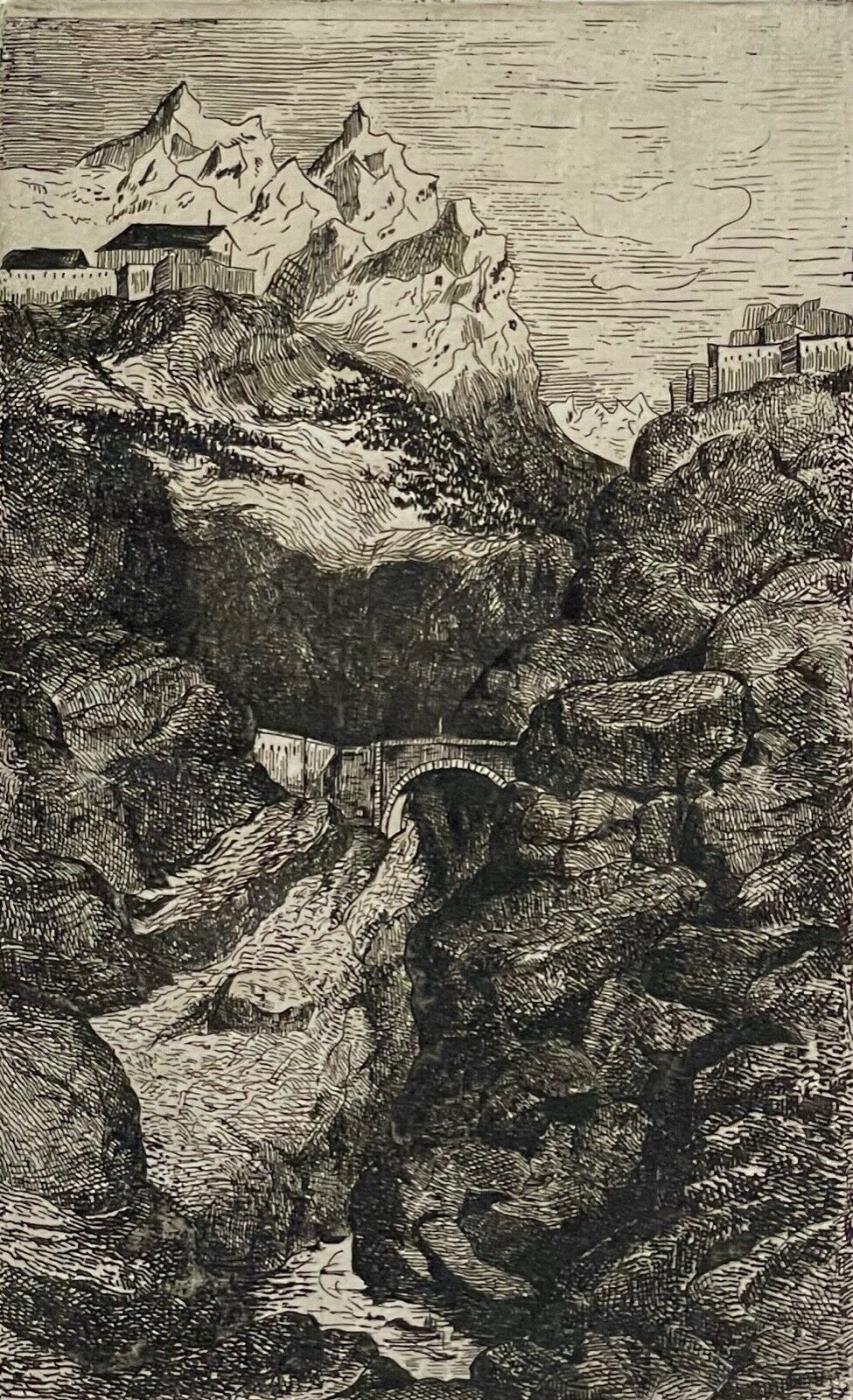 Vernayaz Valais, c.1870 — Signed Drypoint of the Trient Gorge and Bridge – Image 2