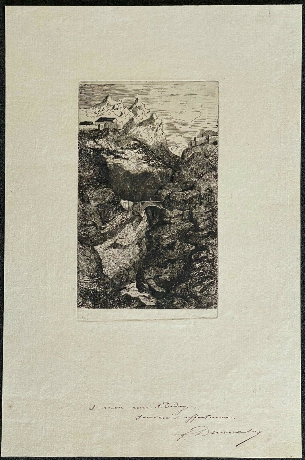 Vernayaz Valais, c.1870 — Signed Drypoint of the Trient Gorge and Bridge