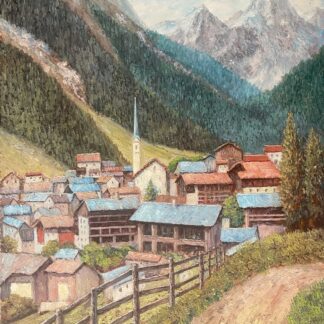 Ischgl acrylic painting by E Suzanne showing an Austrian Alpine village with a church and chalets beneath mountain peaks