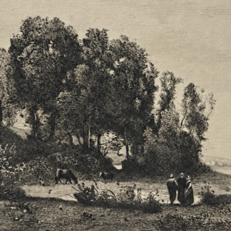 Corot Barbizon landscape print by Teyssonnieres showing large trees with three foreground figures and grazing cattle