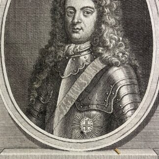 Marlborough portrait engraving from 1705 showing John Churchill in armour within an oval frame above a French inscription