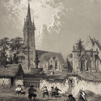 Saint-Jean-du-Doigt 1865 France Wheat Threshing Lithograph Brittany Church