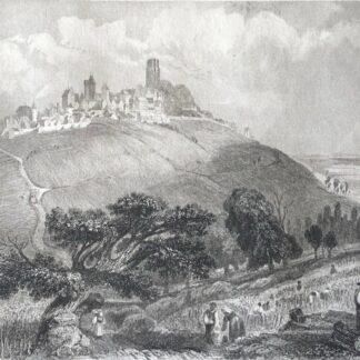 Sancerre engraving from 1856 showing the hilltop town above cultivated slopes with a leaning tree and rural workers in the foreground