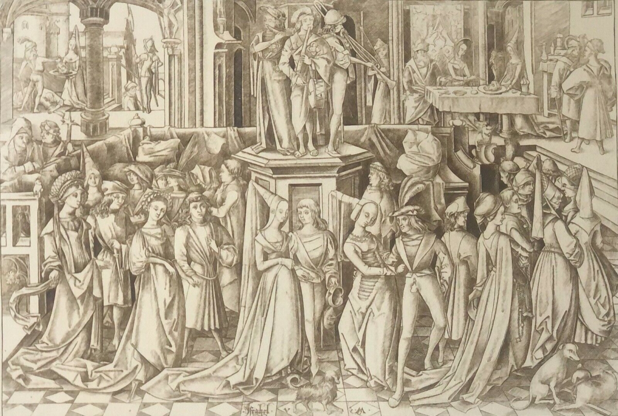 Amand Durand print reproducing Israhel van Meckenem’s Dance at the Court of Herod with dancing couples and musicians in a Gothic hall